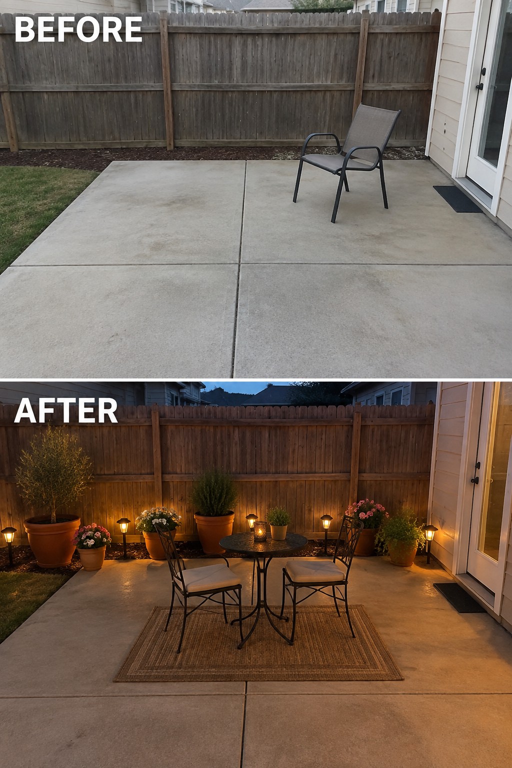 Before-and-after image of a plain concrete patio changed into a furnished outdoor seating area with solar path lights, a rug, table and chairs, and potted plants.