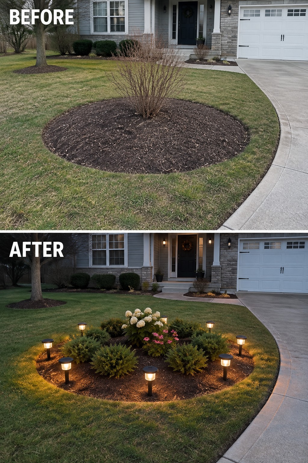 Before and after of circular garden bed with plants and glowing pathway lights