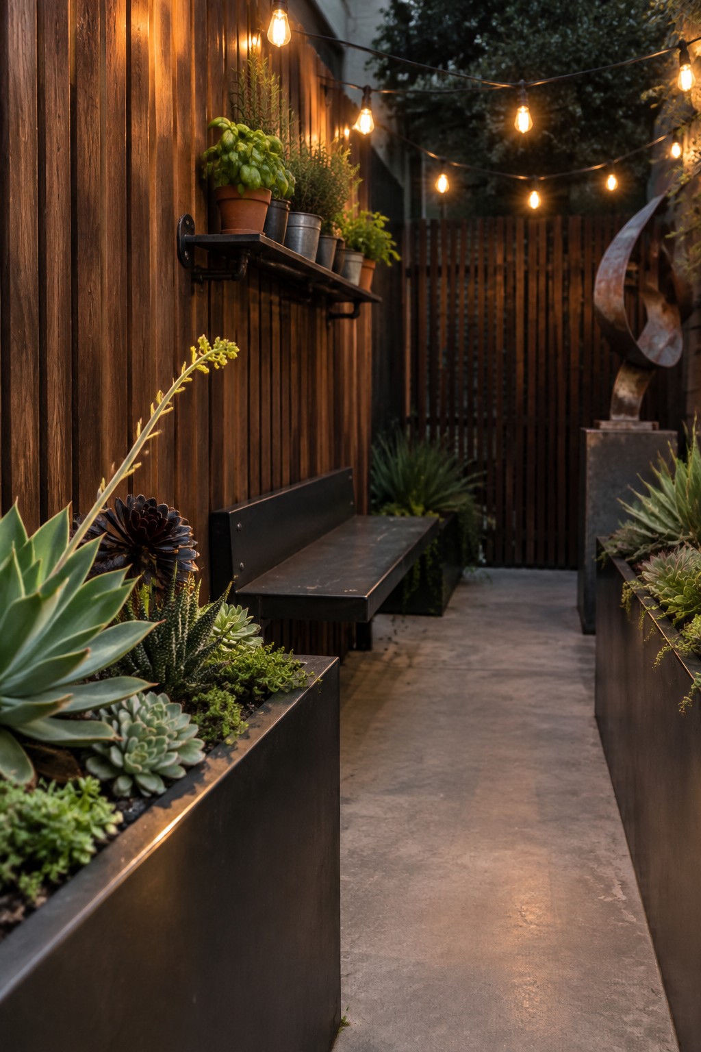 Narrow side yard path with a built-in black bench set between dark metal planters filled with succulents, against a wooden wall under string lights.