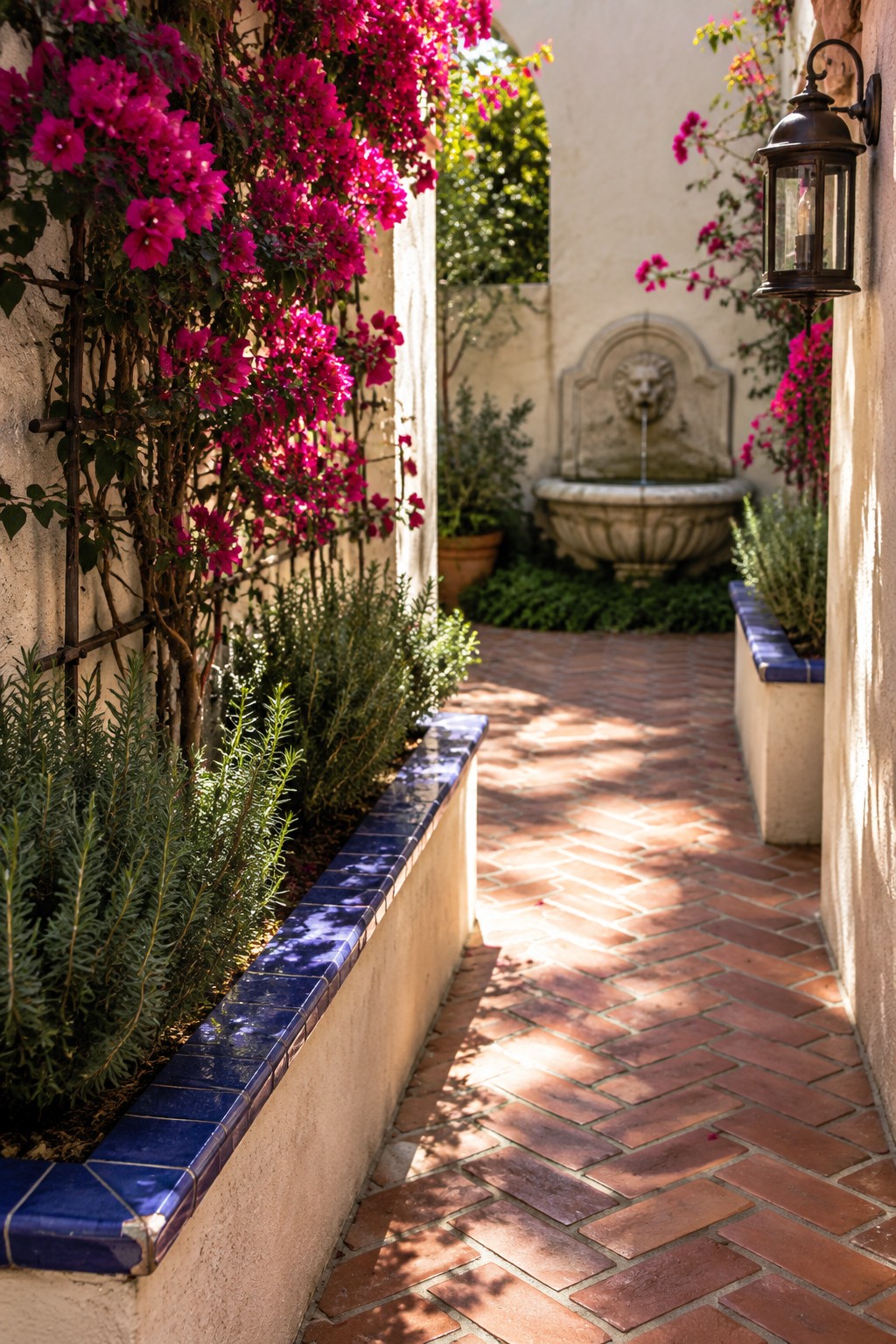 Narrow brick path between white walls lined with blue-tiled planters, magenta bougainvillea climbing on both sides, and a stone fountain visible at the end.