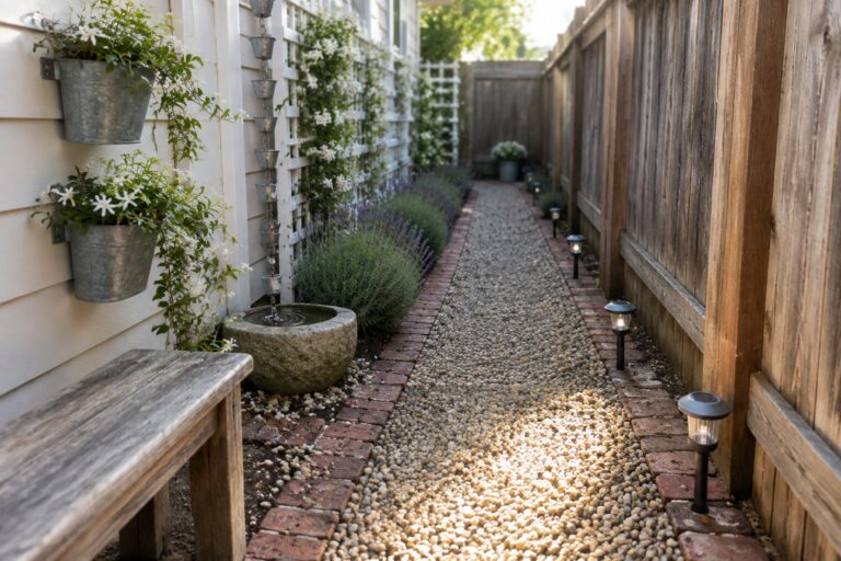 Narrow sunlit gravel path lined with lavender, flowers, and solar lights.