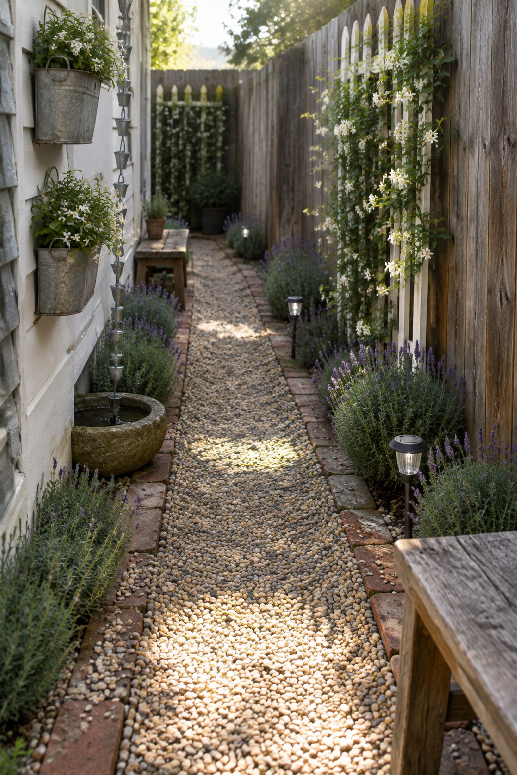 Narrow sunlit gravel path lined with lavender, flowers, and solar lights.