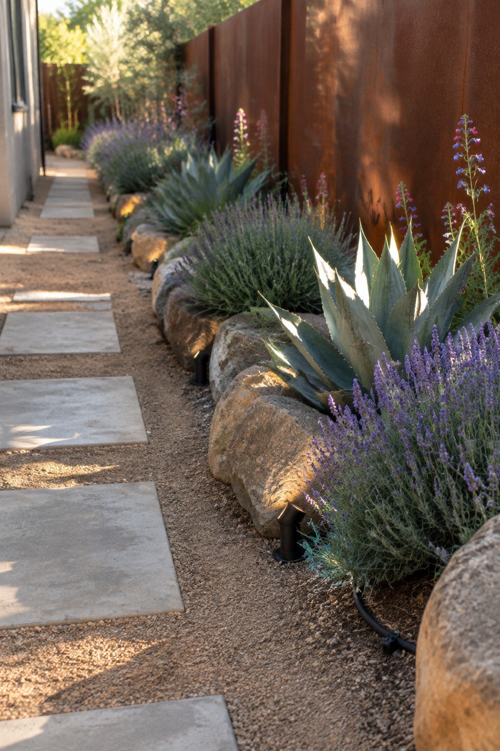 Stepping stone path beside boulders, agaves, lavender, and spotlights by rusted metal fence.