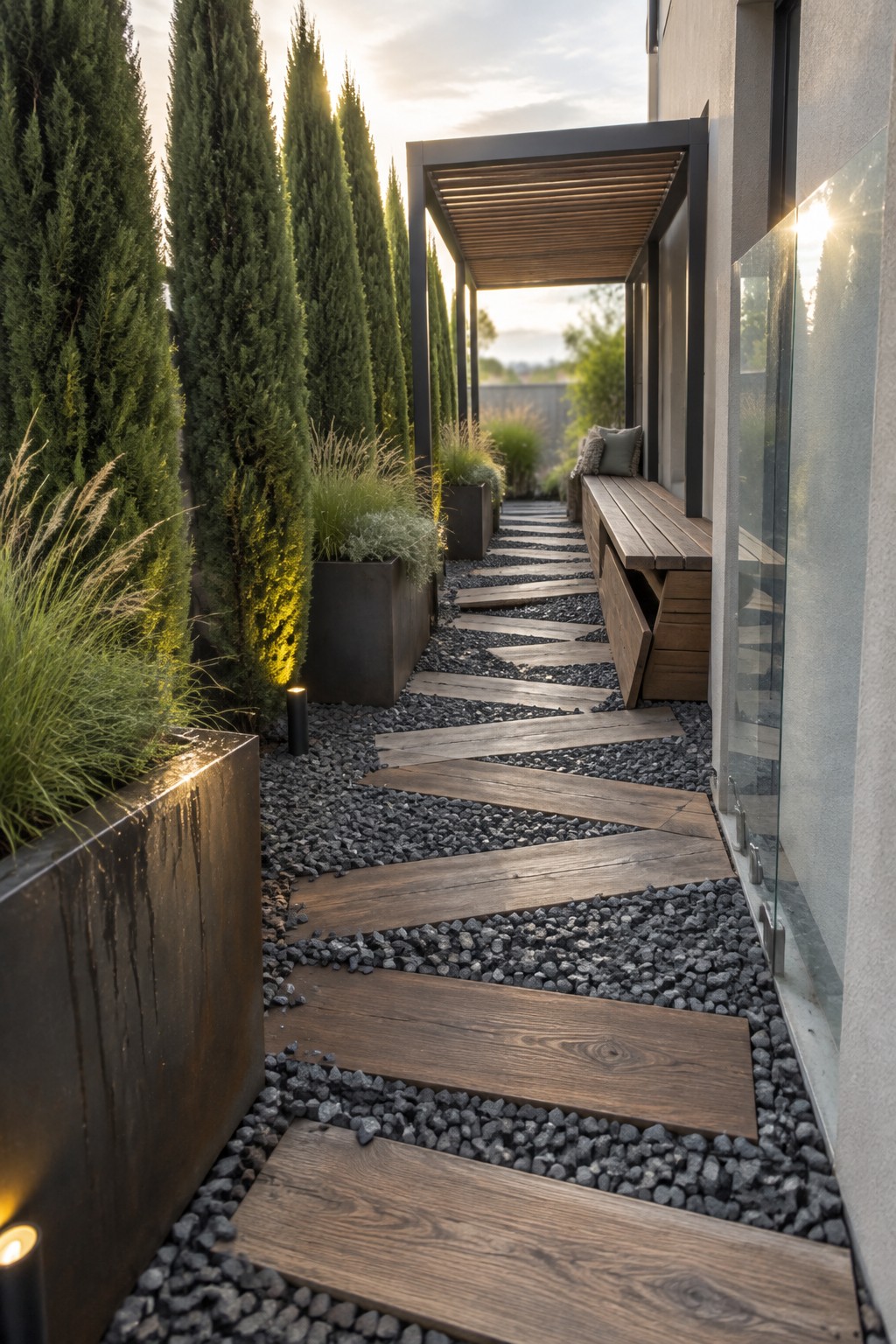 A narrow outdoor corridor with wooden planks laid across dark gravel, tall evergreen trees in metal planters on the left, and a wooden bench under a pergola on the right.