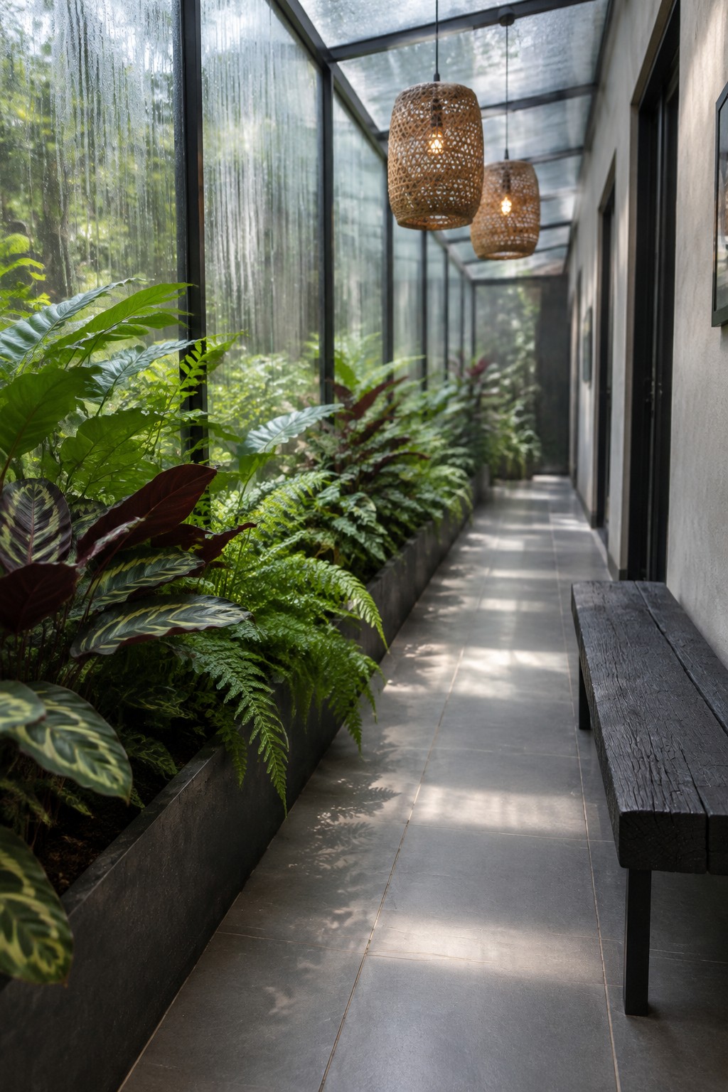 A narrow covered walkway with a long concrete planter filled with ferns and leafy plants along one side, two woven pendant lights hanging overhead, and a dark wooden bench on the right.
