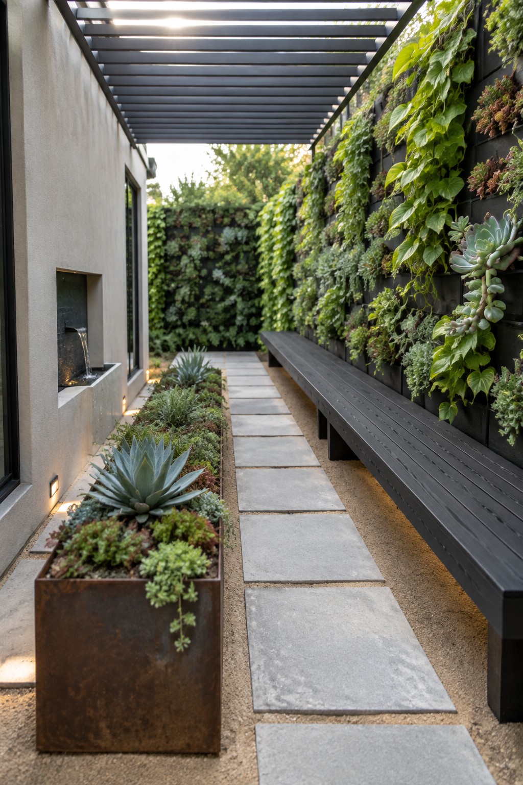 A narrow outdoor side yard corridor with a stone path, a long black bench, and a tall vertical living wall covered in green plants.