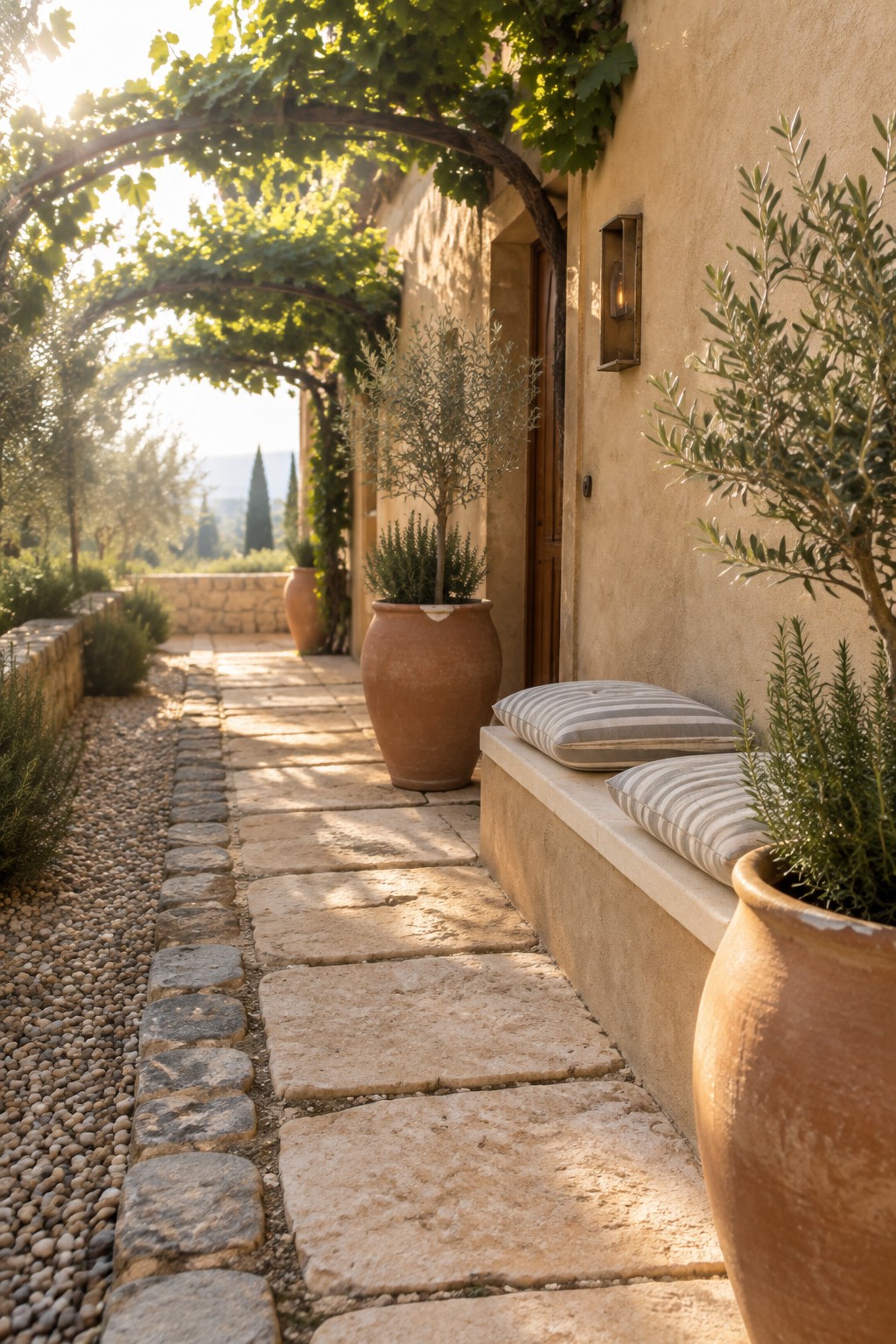 Stone pathway with terracotta pots, olive trees, striped cushions on bench, vine arches.