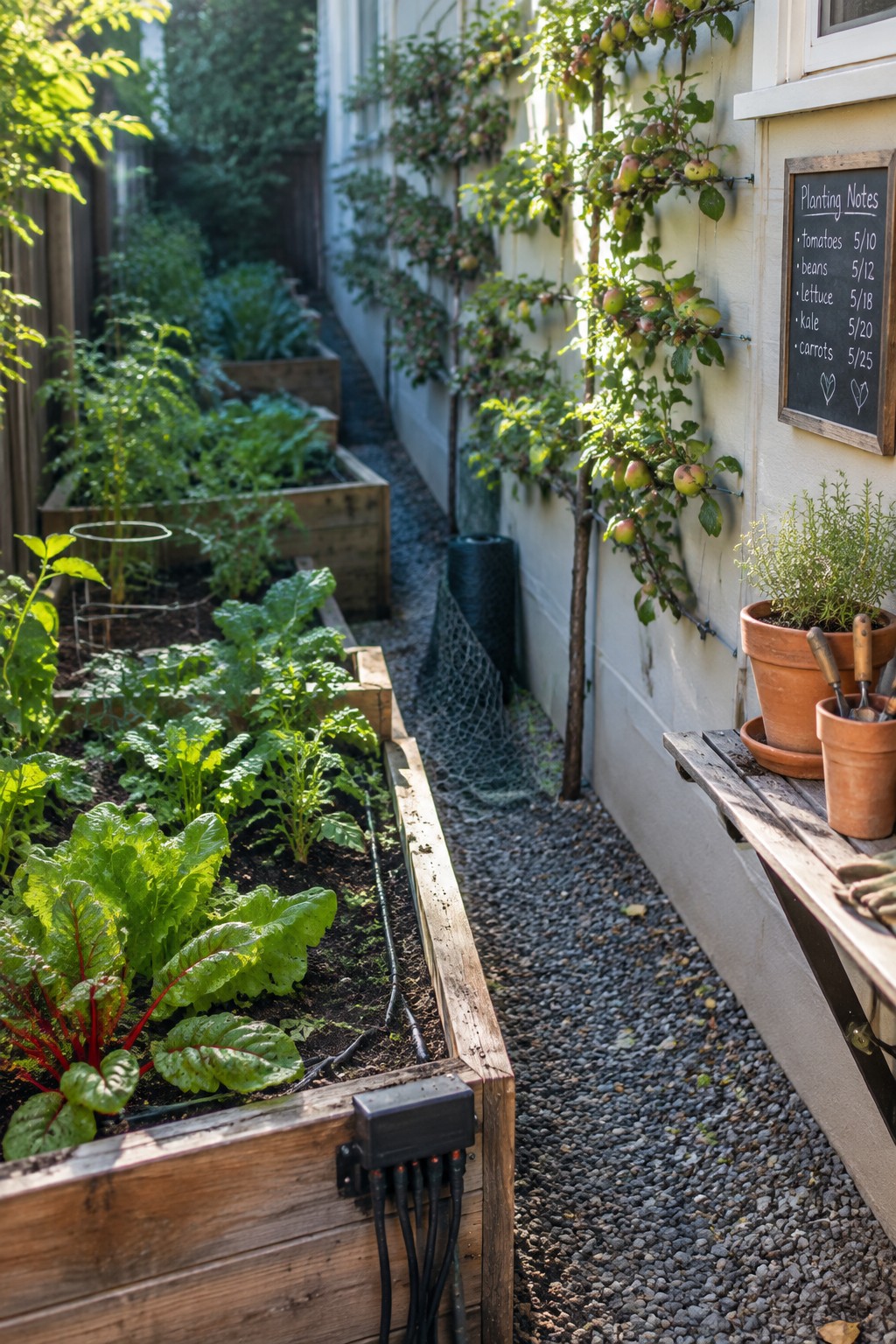 Narrow side yard with wooden raised garden beds growing vegetables beside a gravel path and espaliered fruit trees trained against a house wall.