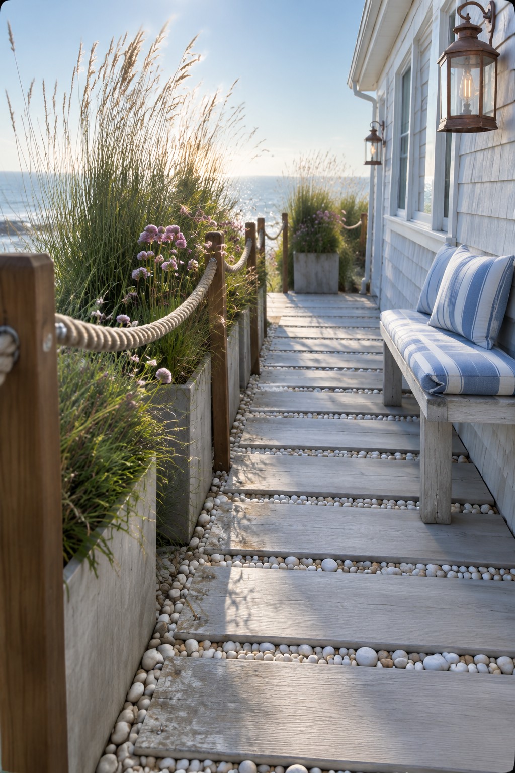 A narrow wooden boardwalk runs beside a white house, bordered on the left by concrete planters holding tall grasses and purple flowers, with thick rope railings and a striped bench on the right.