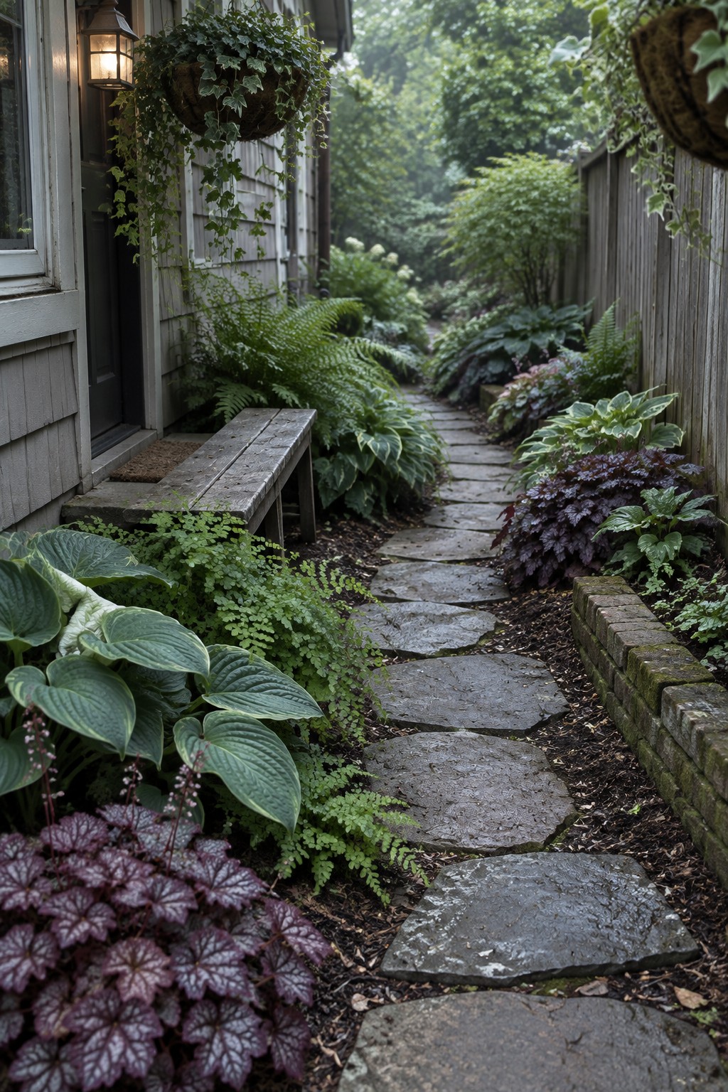 Stone path winds through lush garden with ferns, hostas and purple foliage.
