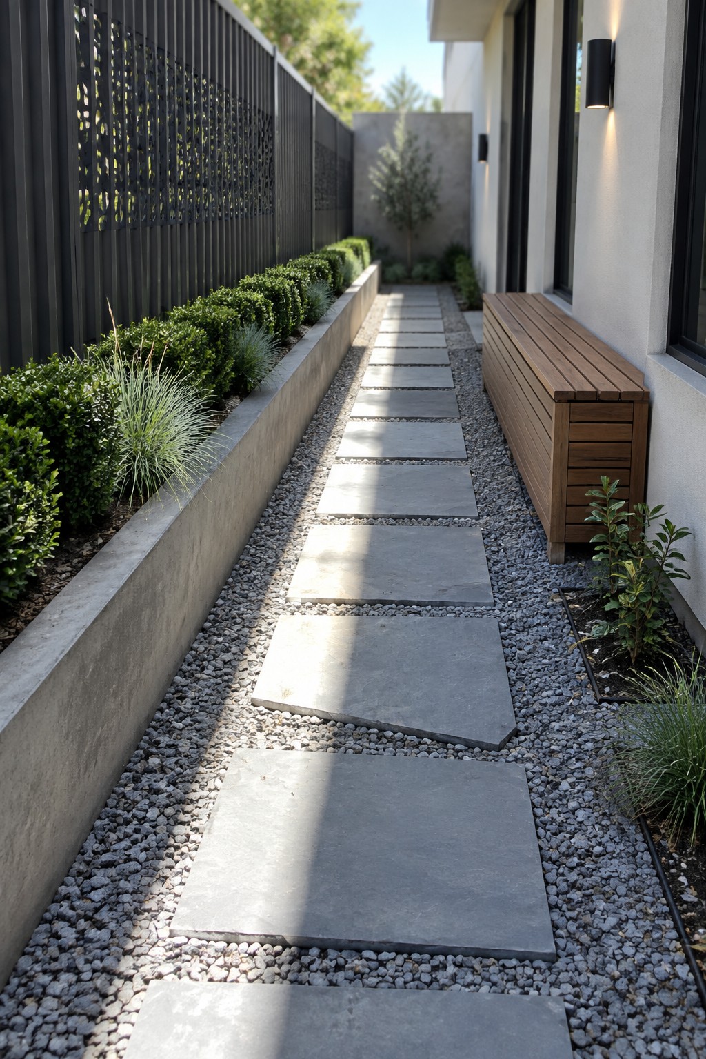 A narrow outdoor side yard shows a straight path of large gray rectangular stepping stones set in light gravel, with a long concrete planter holding green shrubs on the left and a wooden bench against the house wall on the right.