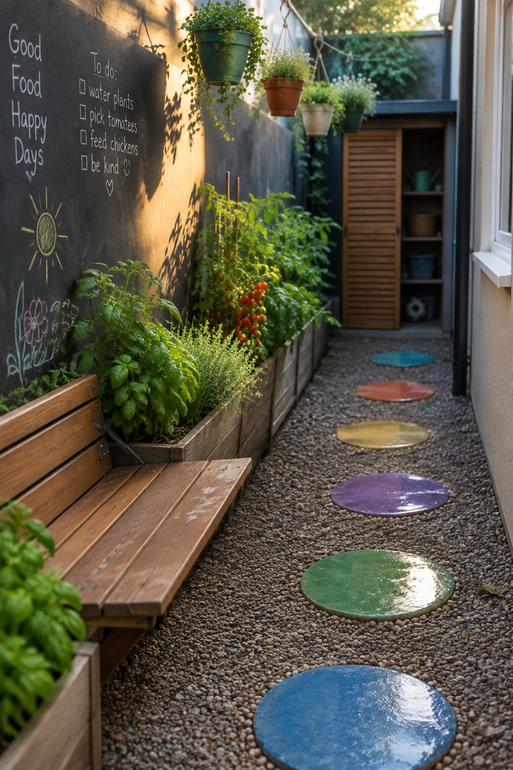A narrow side yard path lined with raised wooden planters and a chalkboard wall, featuring colorful round stepping stones set into gravel.