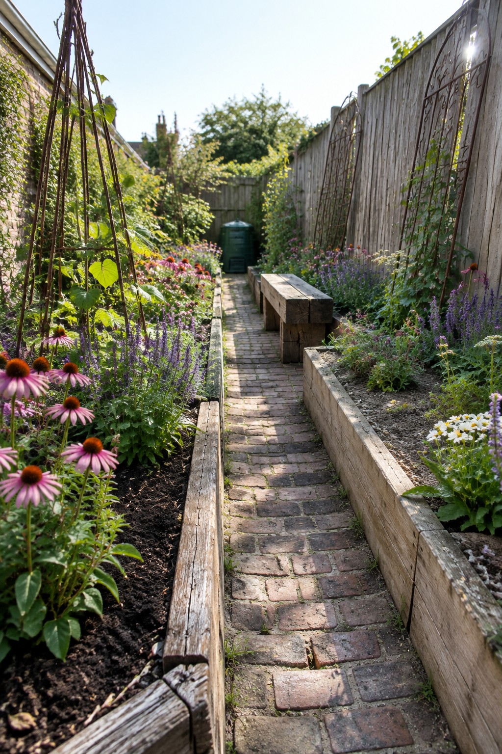 A narrow brick path runs between wooden raised garden beds planted with flowers and greenery in a fenced side yard.