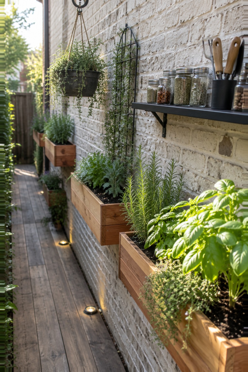 A narrow wooden walkway runs beside a white brick wall fitted with multiple wooden planters holding herbs, a hanging pot overhead, and a black shelf with glass spice jars.