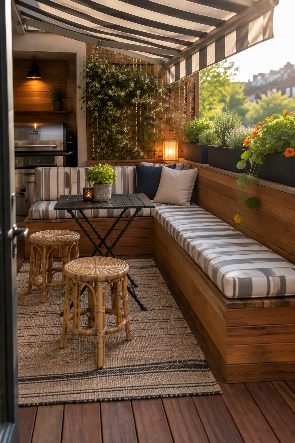 A narrow outdoor patio with wooden built-in bench seating covered in striped cushions, a black folding table, two woven stools, potted plants along the edge, and a striped awning overhead.