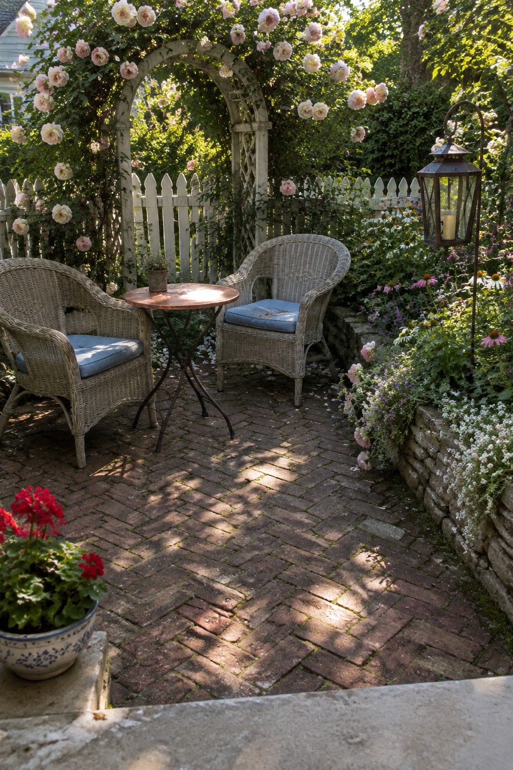 Two wicker chairs with blue cushions and a small round table sit on a brick patio beneath a white arch draped in pink roses, next to a stone wall with flowers and a tall lantern.