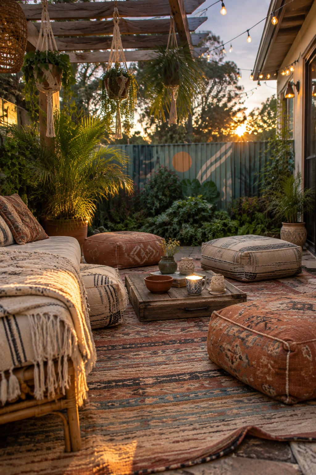 A compact patio at dusk with layered patterned rugs, low floor cushions, a wooden tray table holding a lit candle, hanging plants from a pergola, and string lights overhead.