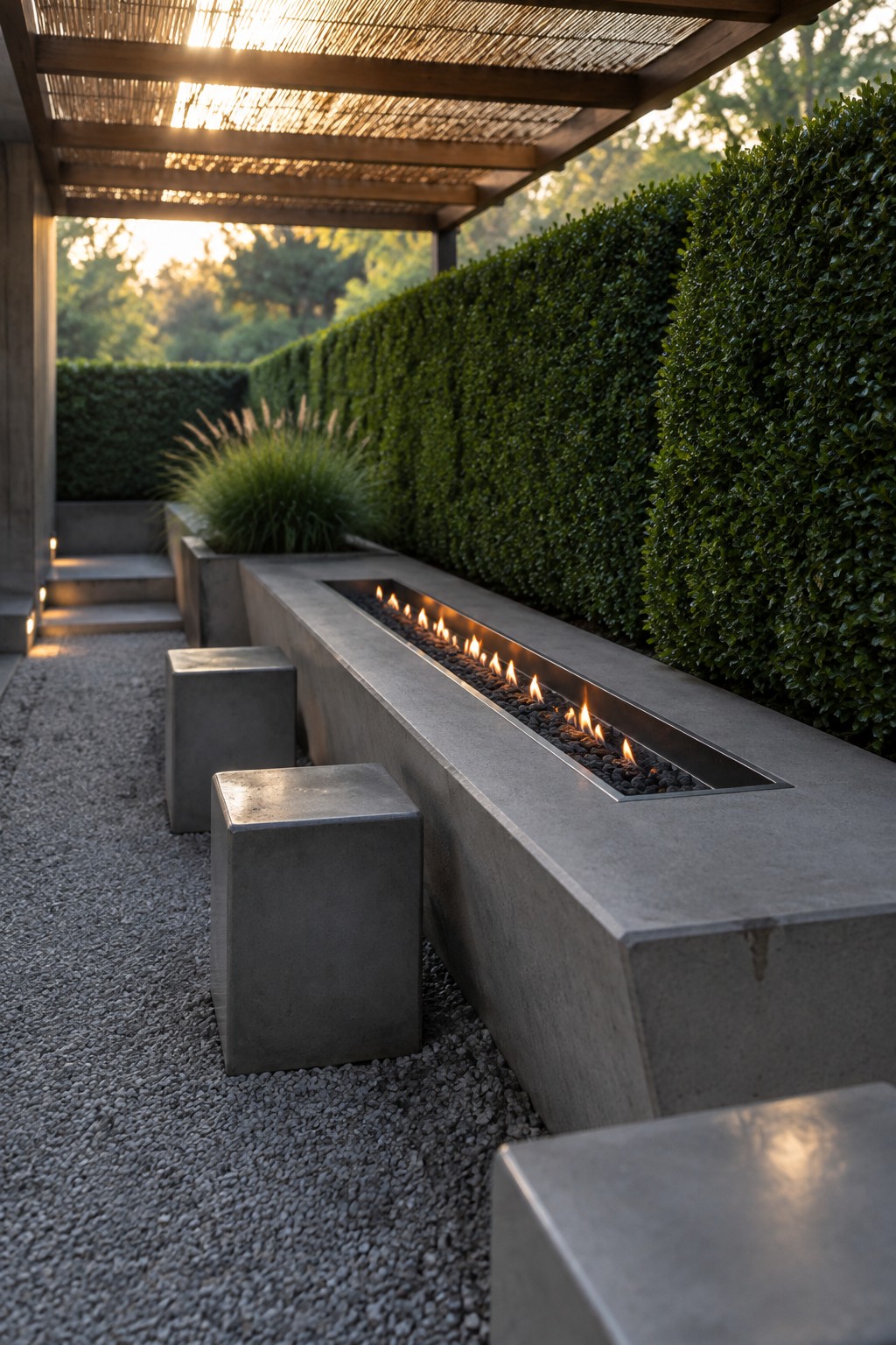 A long concrete fire pit with burning flames runs along a hedge in a gravel-covered outdoor space, with cube concrete seats placed nearby under a pergola.