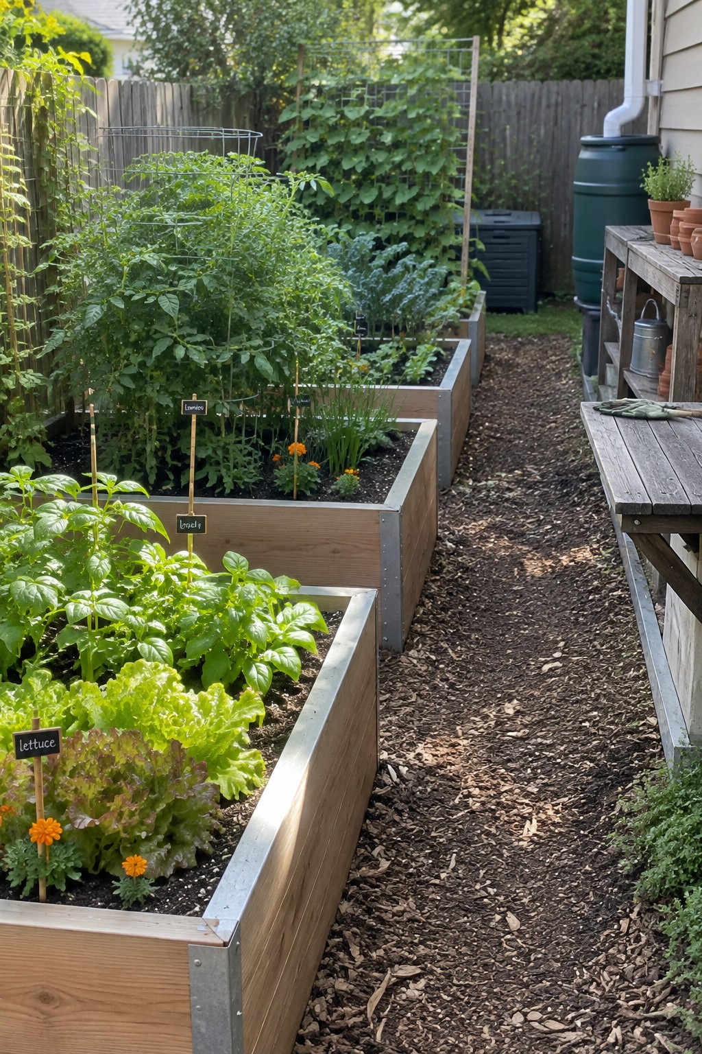 Raised wooden beds with lettuce, tomatoes, herbs and orange flowers along mulched path