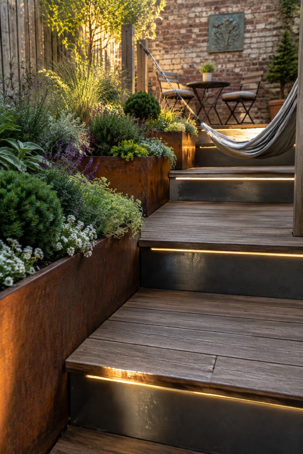 A narrow wooden deck with illuminated steps is lined with large rusted metal planters holding dense green shrubs and white flowers, with a hammock on the right side.