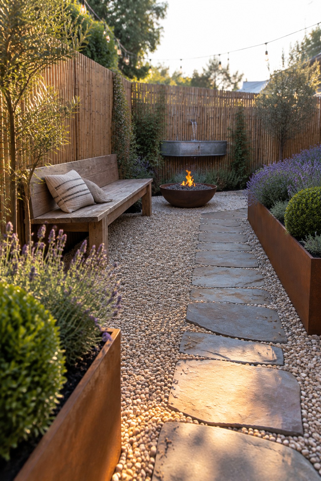 A narrow backyard with irregular stepping stones set in gravel, a wooden bench against a fence, raised metal planters with shrubs and lavender, and a fire pit in the distance.