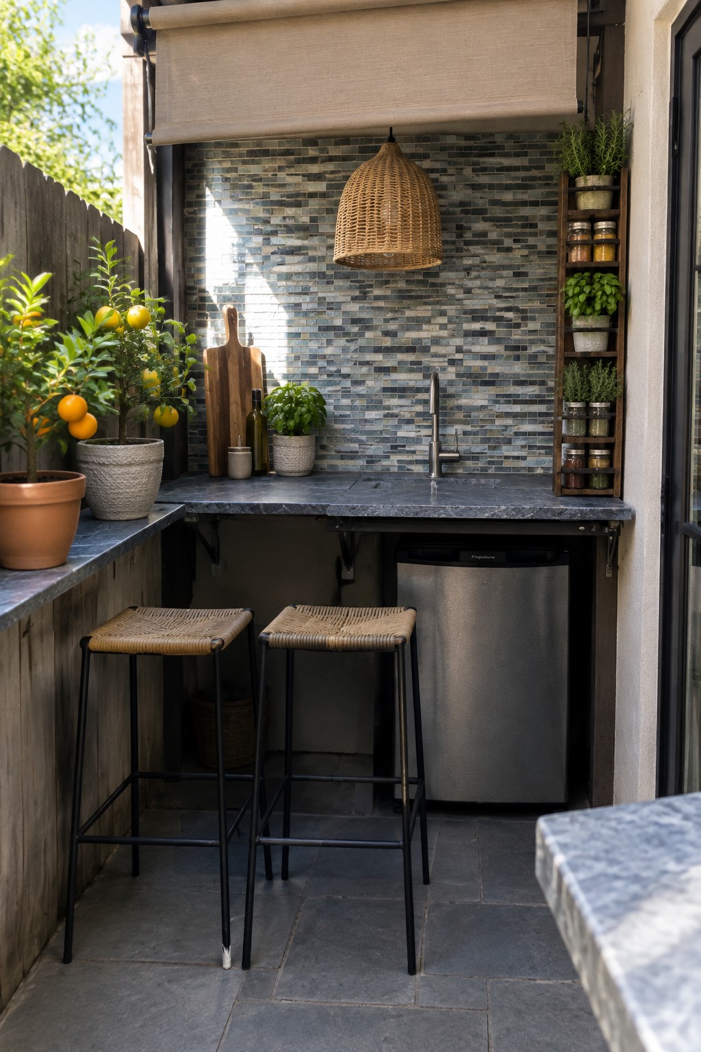 An outdoor kitchen setup in a narrow space with a stone counter, sink, mini fridge, two woven stools tucked underneath, and a vertical shelf holding potted herbs and jars.