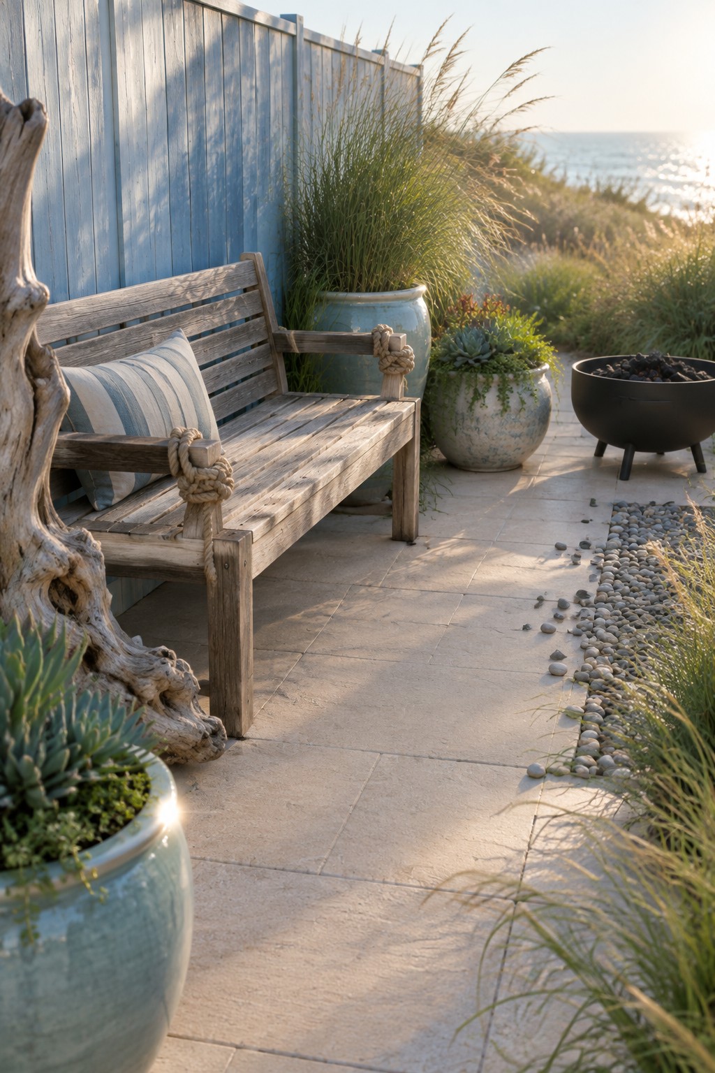 Rustic wooden bench on stone patio with potted plants overlooking ocean at sunset