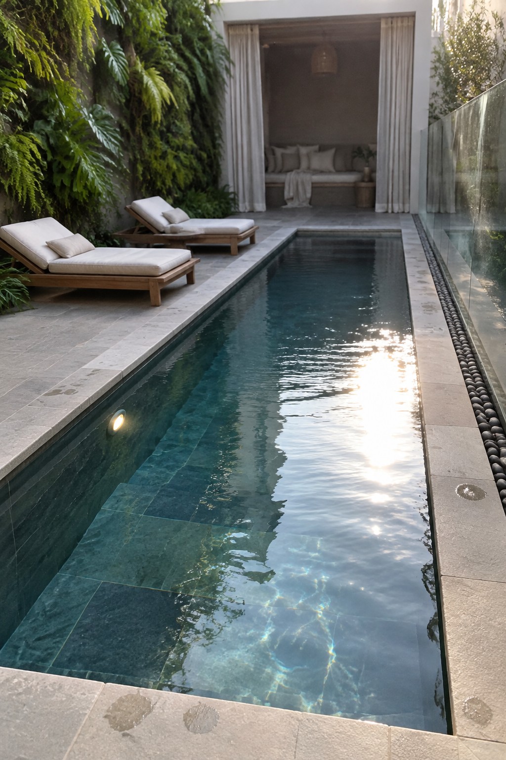 A long narrow lap pool runs through a compact courtyard with wooden lounge chairs on the left, a vertical green wall, and a recessed daybed at the far end.
