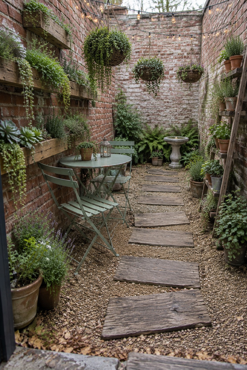 A narrow brick-walled courtyard with a path of wooden planks on gravel, a small round table with two green metal chairs, wall planters, hanging baskets, and string lights overhead.