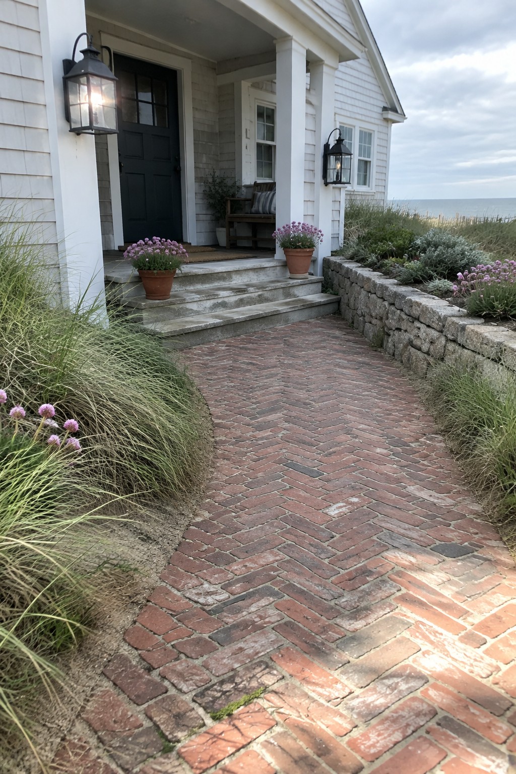 A herringbone brick pathway curves toward concrete steps at the entrance of a white house, lined with tall grasses and terracotta pots of purple flowers.