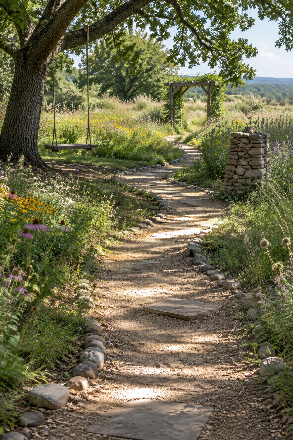 A winding garden path bordered by stones runs through wildflowers with a tree swing on the left and a stone pillar on the right.