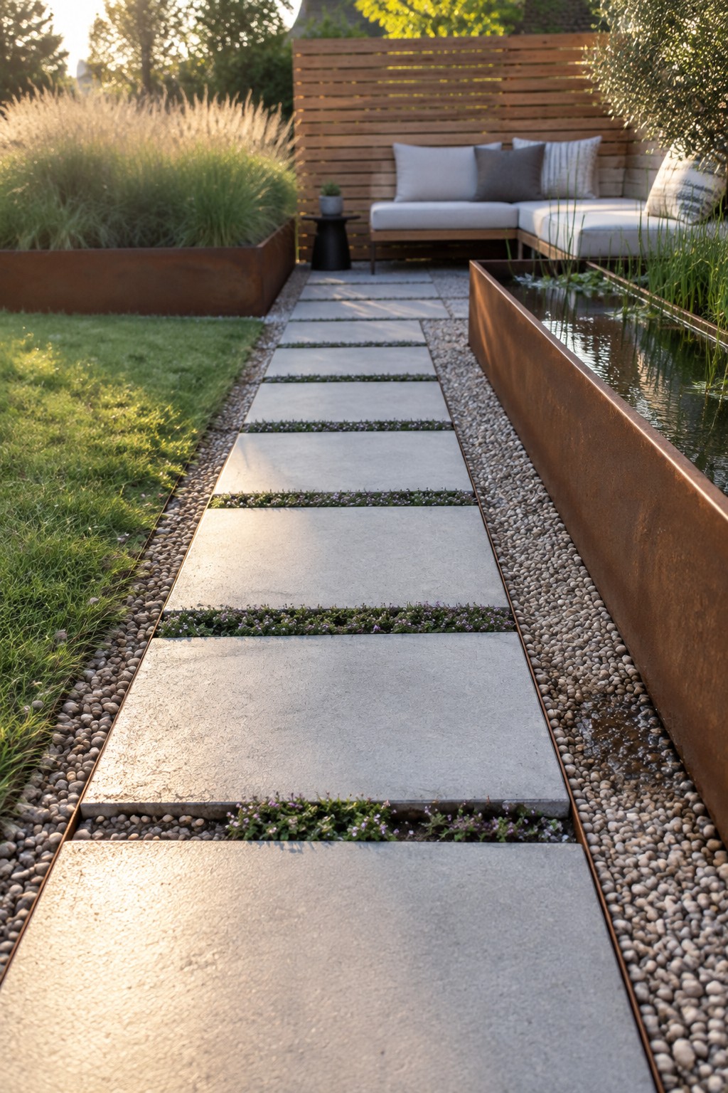 A straight garden path of large rectangular concrete pavers set in gravel with small flowering plants between the slabs, next to a long rusted metal water trough.