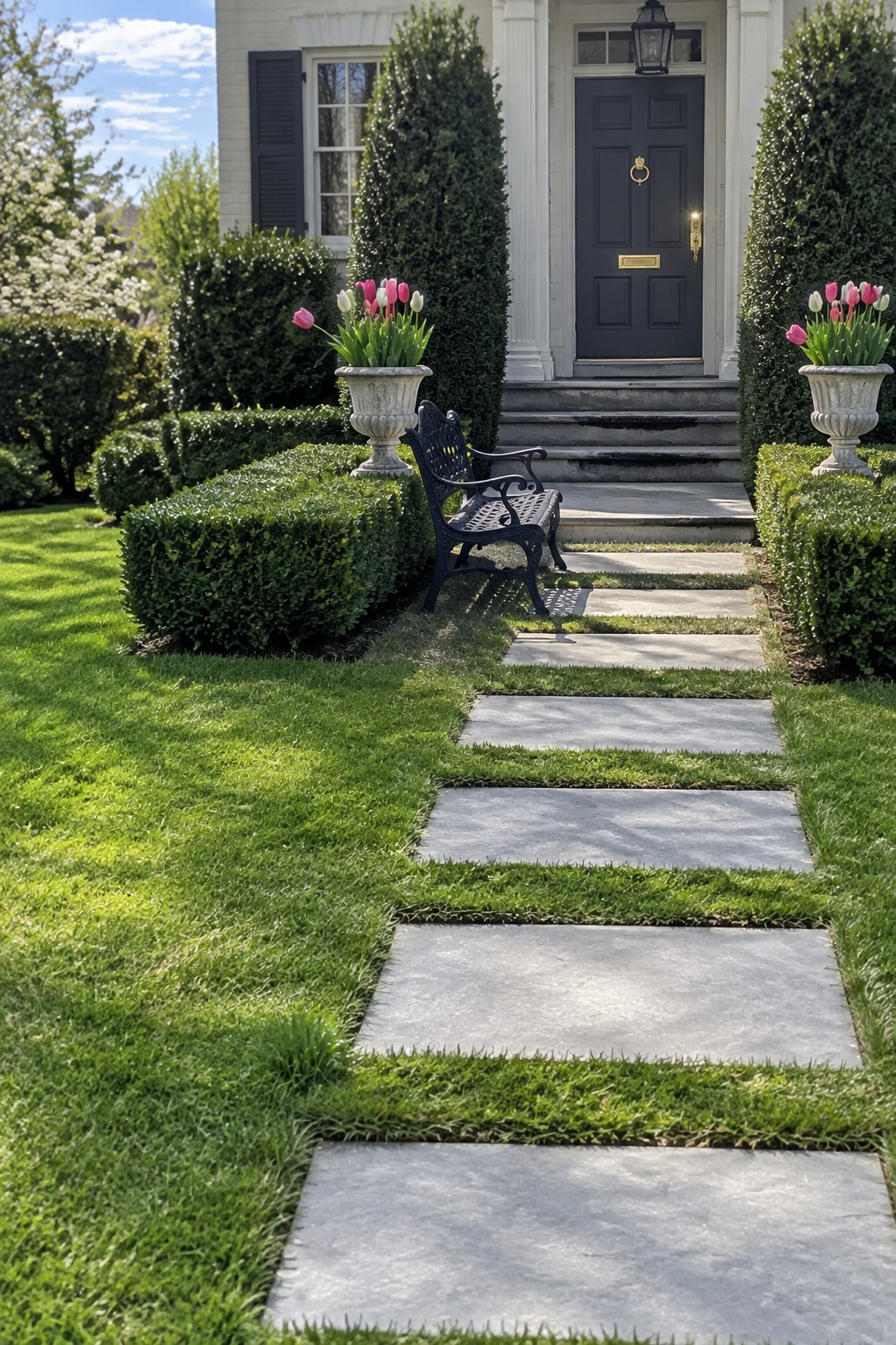 A straight garden path of large rectangular gray stone pavers set into green grass, leading to a house entrance lined with boxwood hedges and tulip-filled urns.