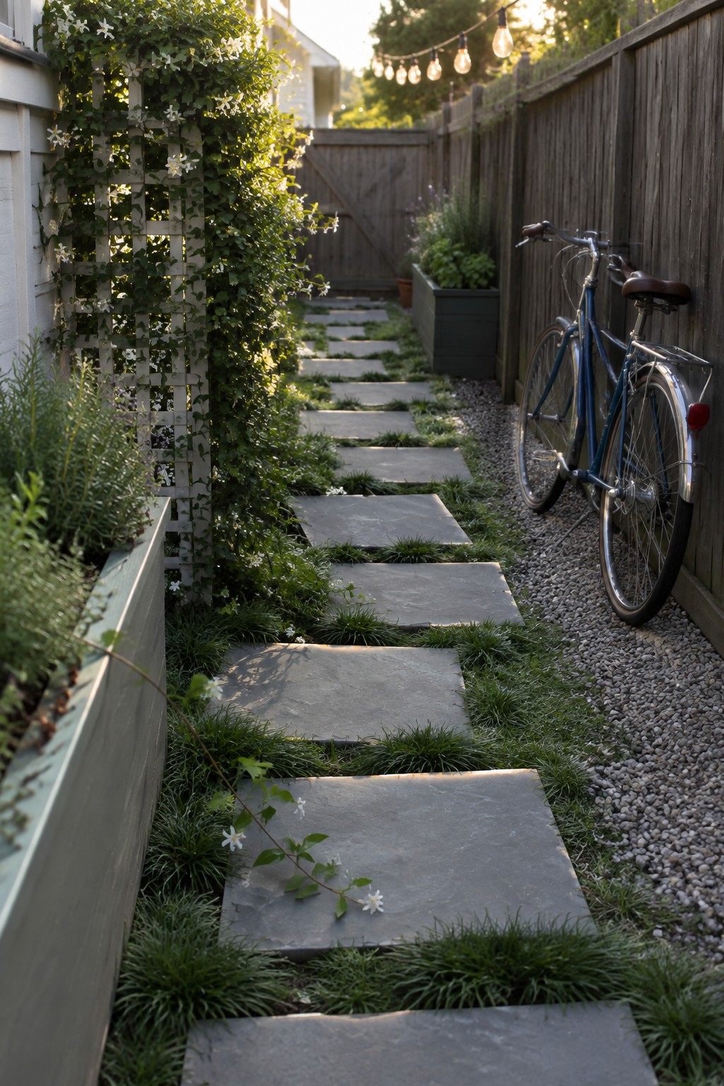 A garden pathway of large rectangular gray stone slabs set into grass, running beside a wooden fence with a blue bicycle parked on gravel to the right.