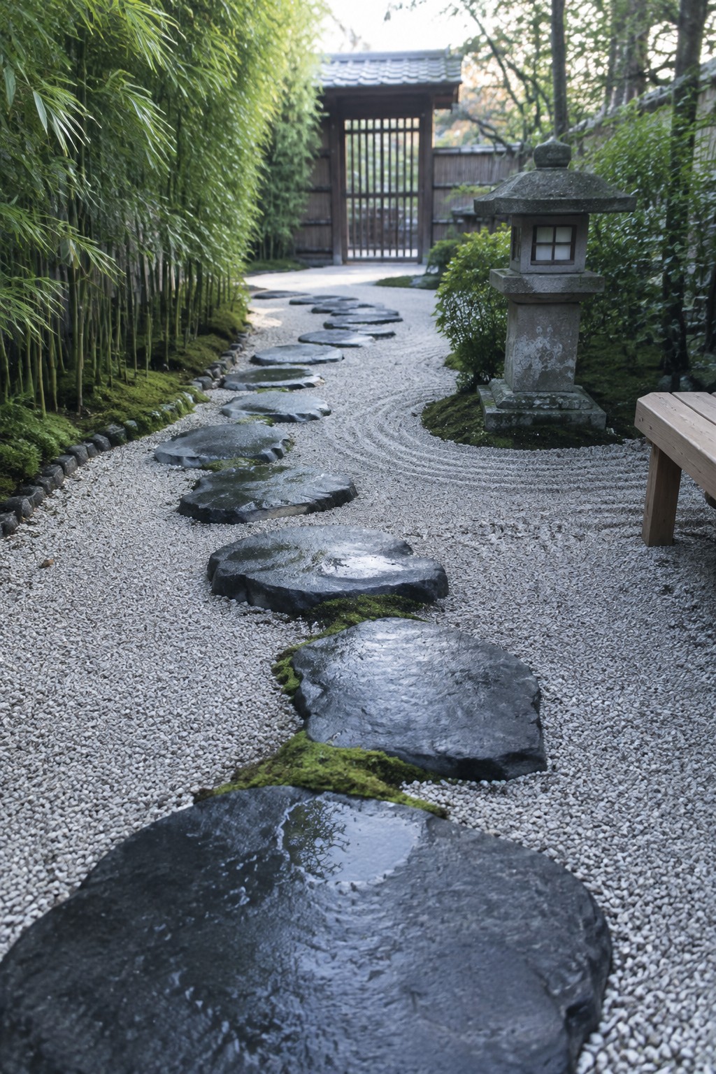 A winding garden path of large dark stepping stones set in white gravel, bordered by bamboo on the left and a stone lantern on the right.
