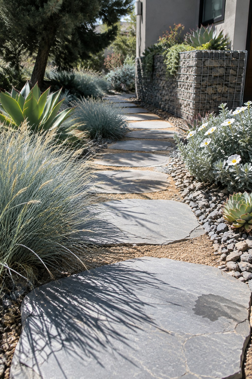Stone path winds through garden with succulents, grasses and gabion wall
