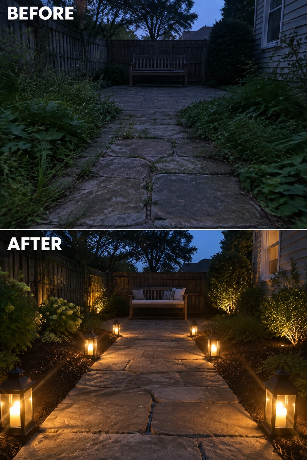 Before and after of stone path lit by lanterns with bench at dusk
