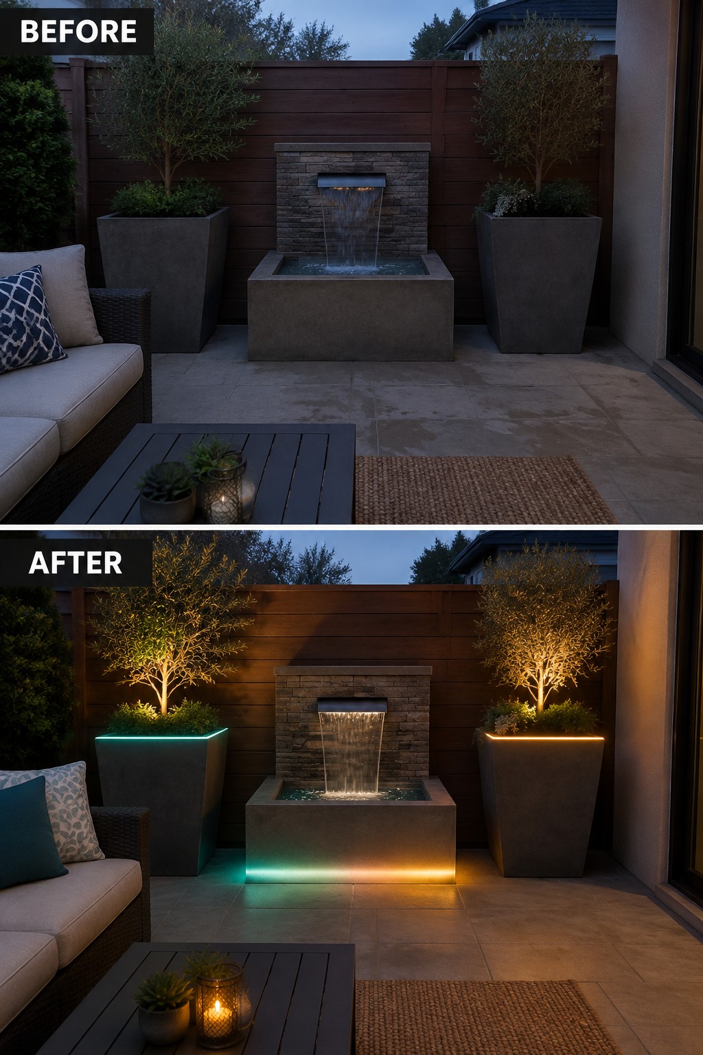 Before-and-after image of a patio with a water feature and planters, updated with added outdoor lighting on the planters and fountain base.