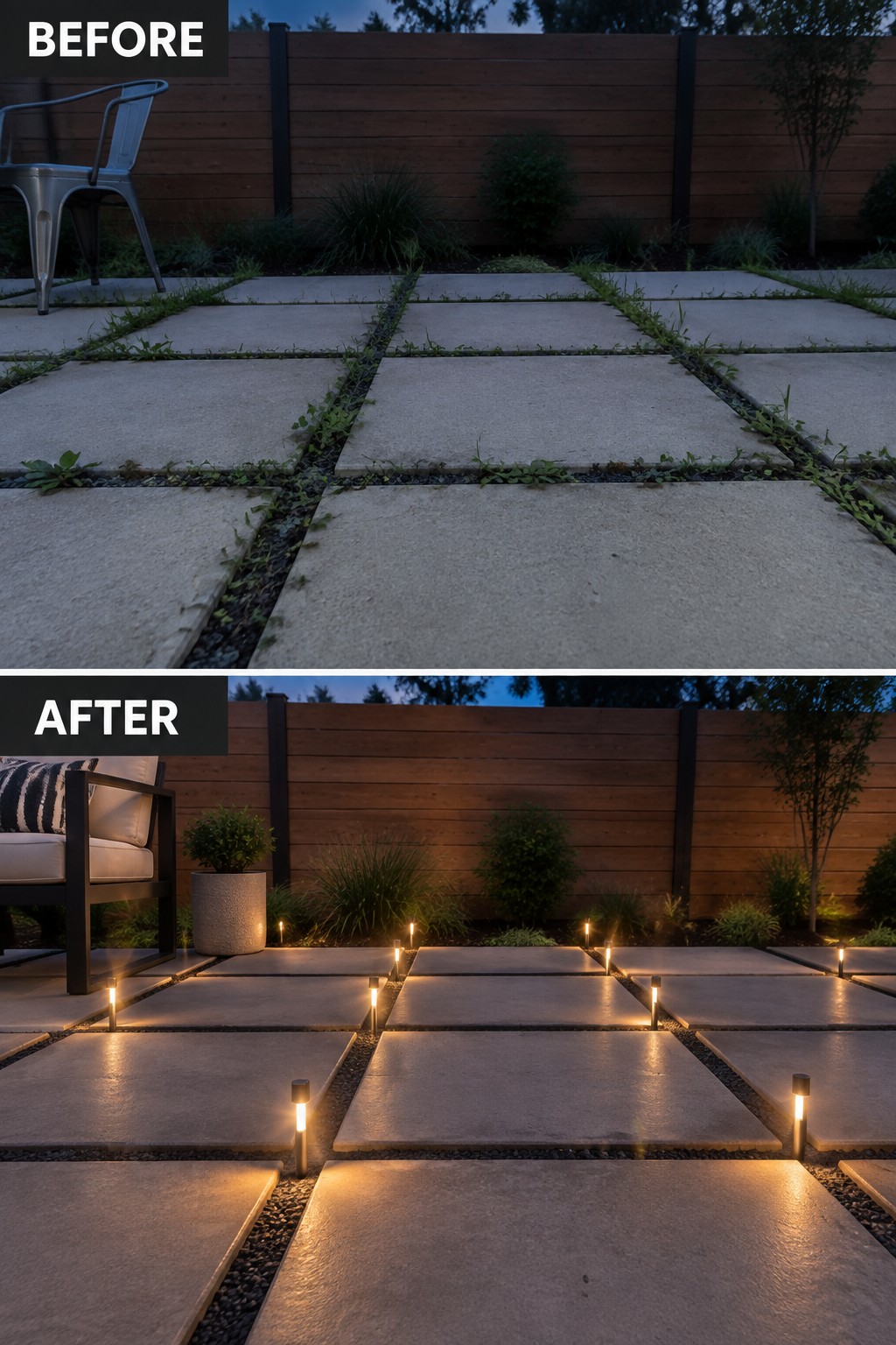 Before-and-after image of a patio paver area with weeds in the gaps changed by installing low pathway lights and adding outdoor seating.