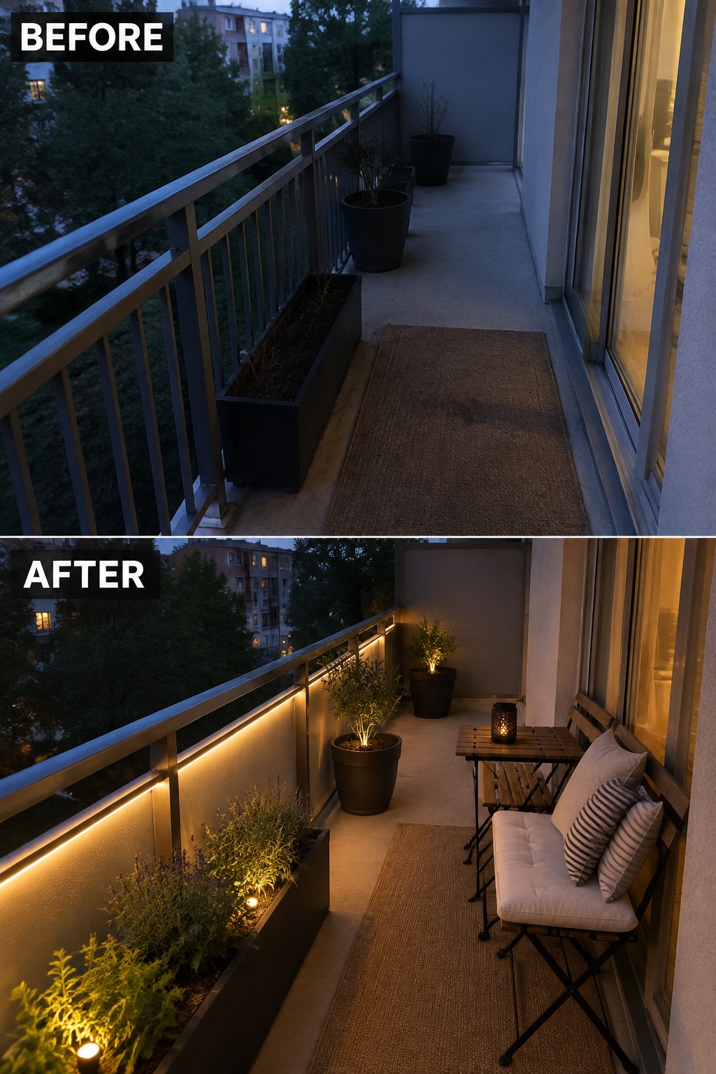 Before-and-after image of a bare balcony transformed with warm LED strip lighting along the railing, added seating, and small lights in the planters.