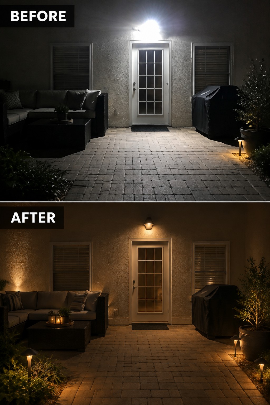 Before-and-after patio at night: harsh overhead glare replaced by warm wall and path lights.