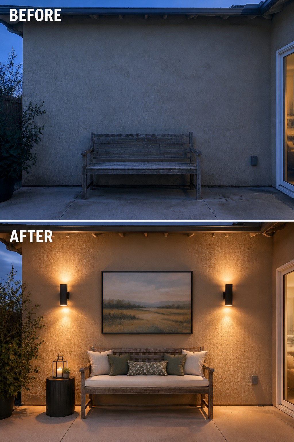 Before and after patio with bench, sconces, landscape art, cushions, and lantern at dusk