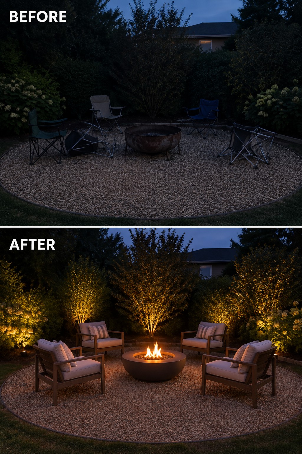Before-and-after backyard fire pit with folding chairs upgraded to modern seating and lighting