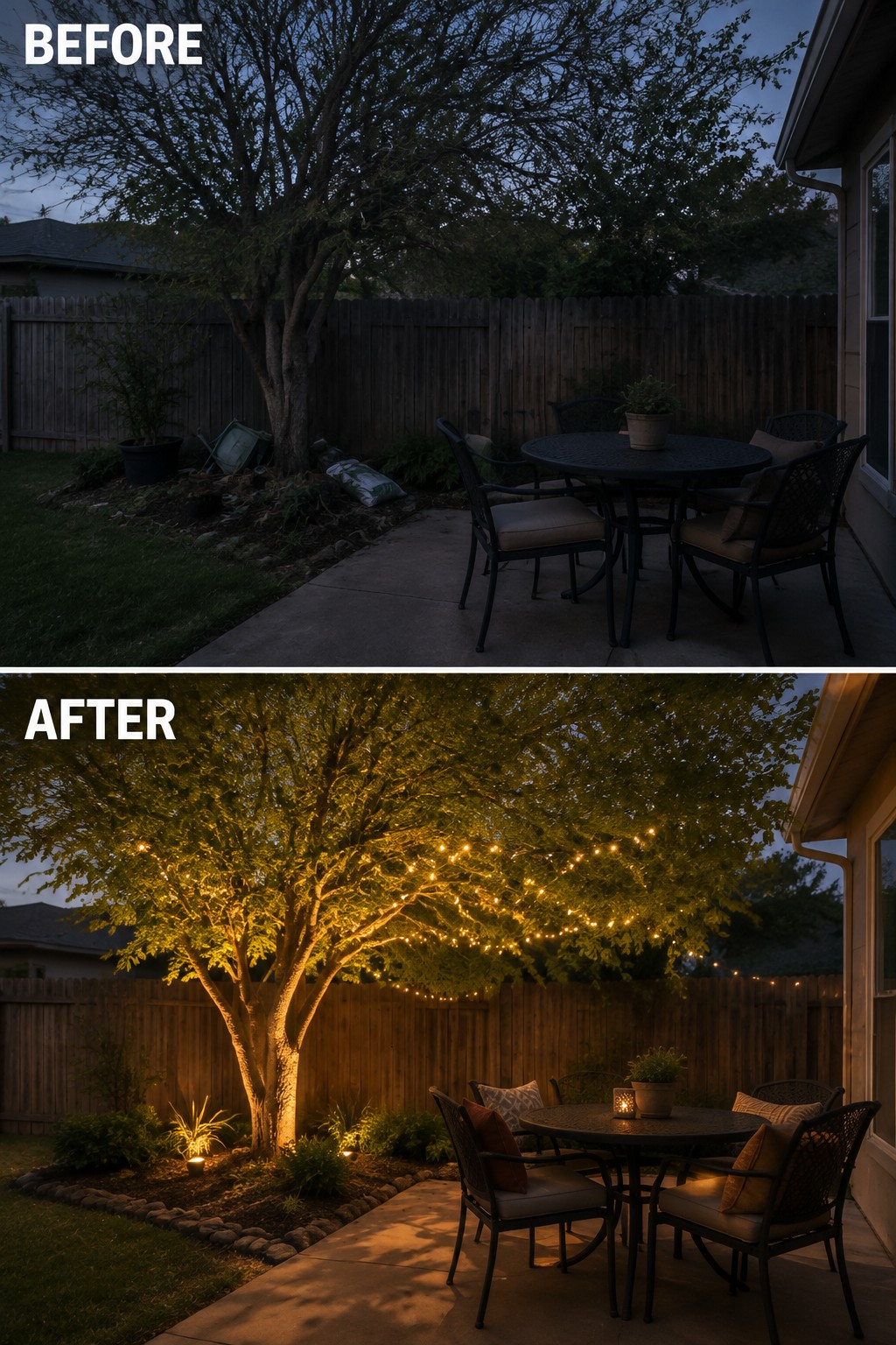 Backyard patio before and after with glowing string lights on tree at dusk.