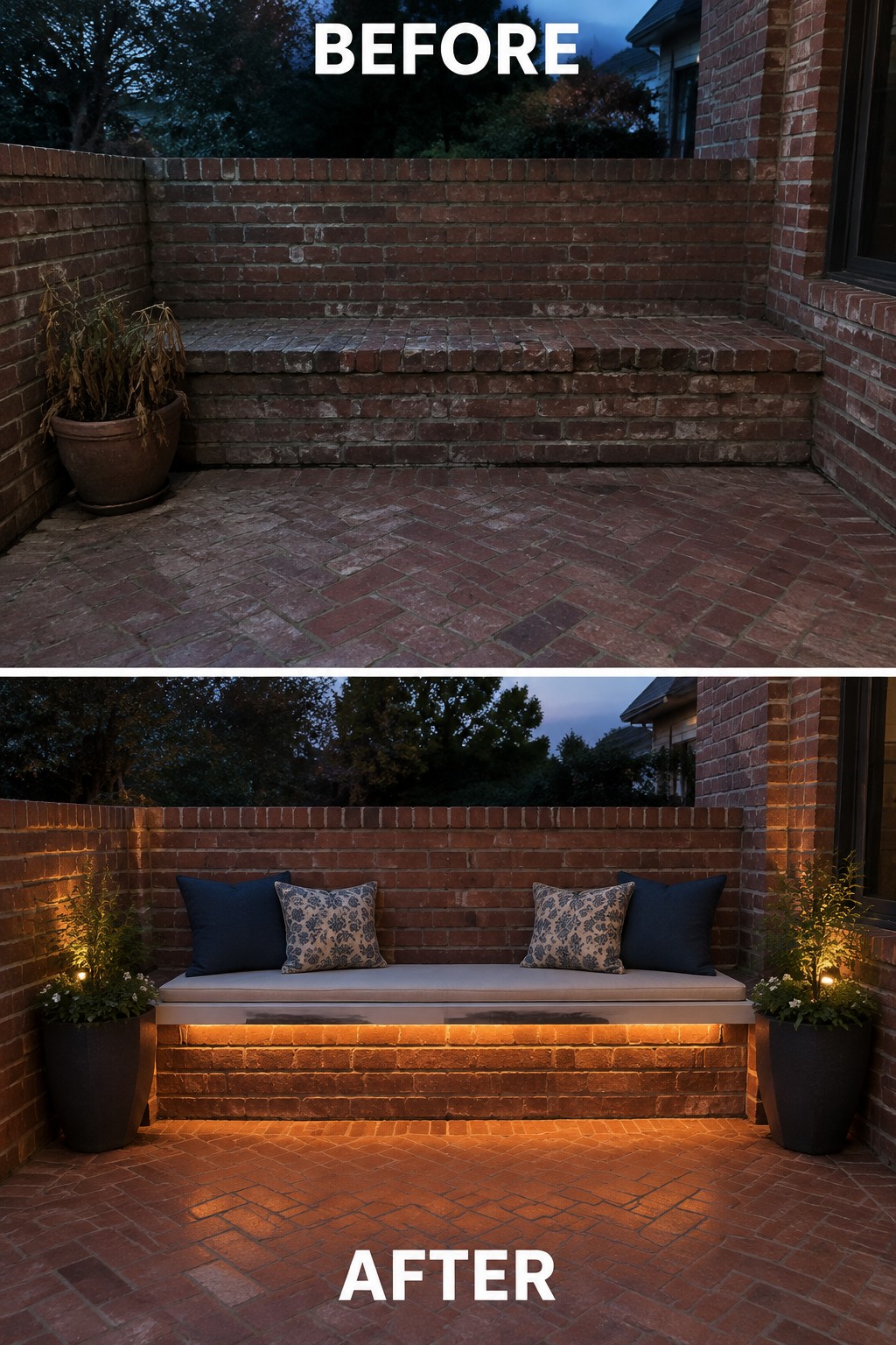 Brick patio before and after with bench, cushions, and glowing lights