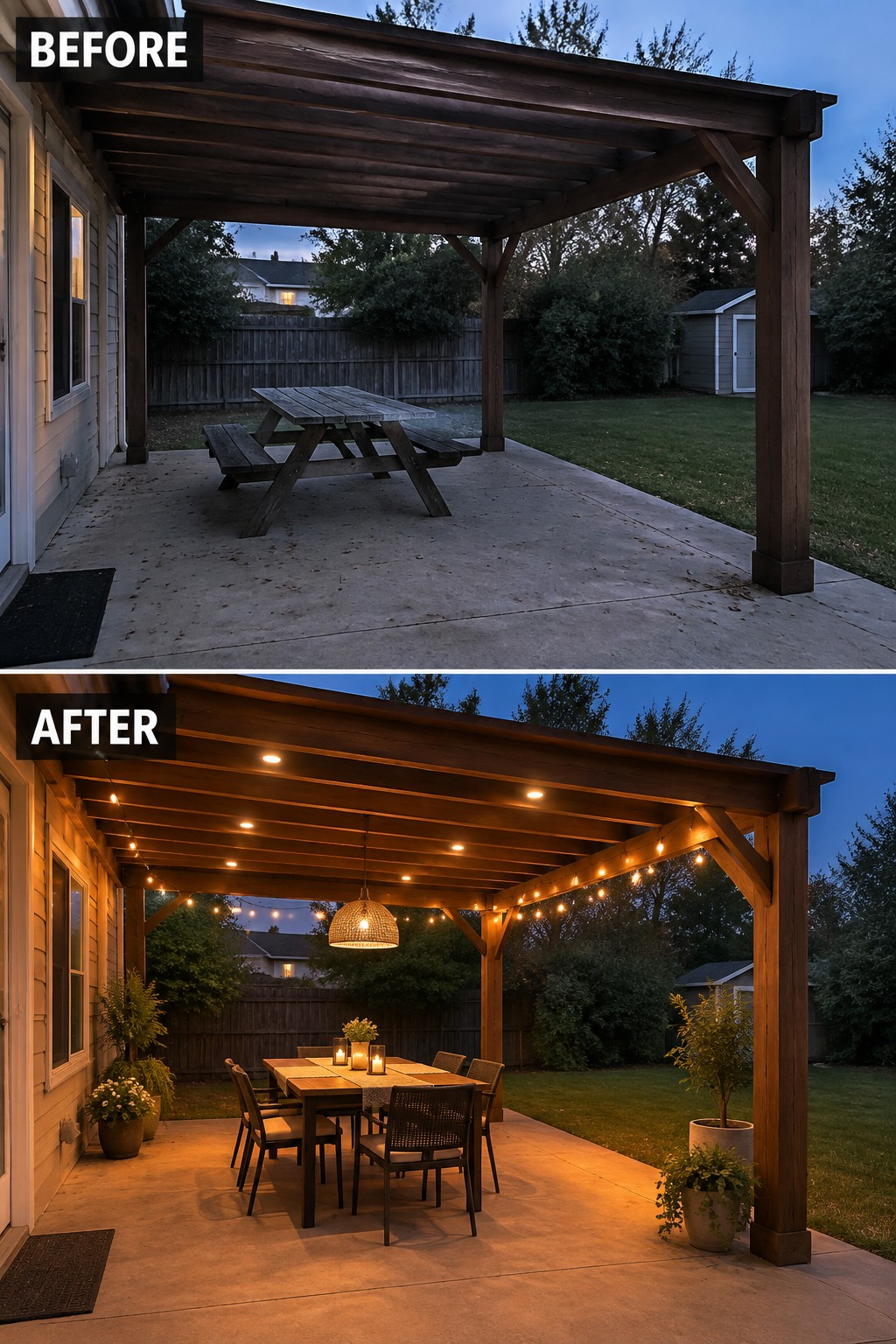 Split view of wooden pergola patio before and after adding string lights and dining set