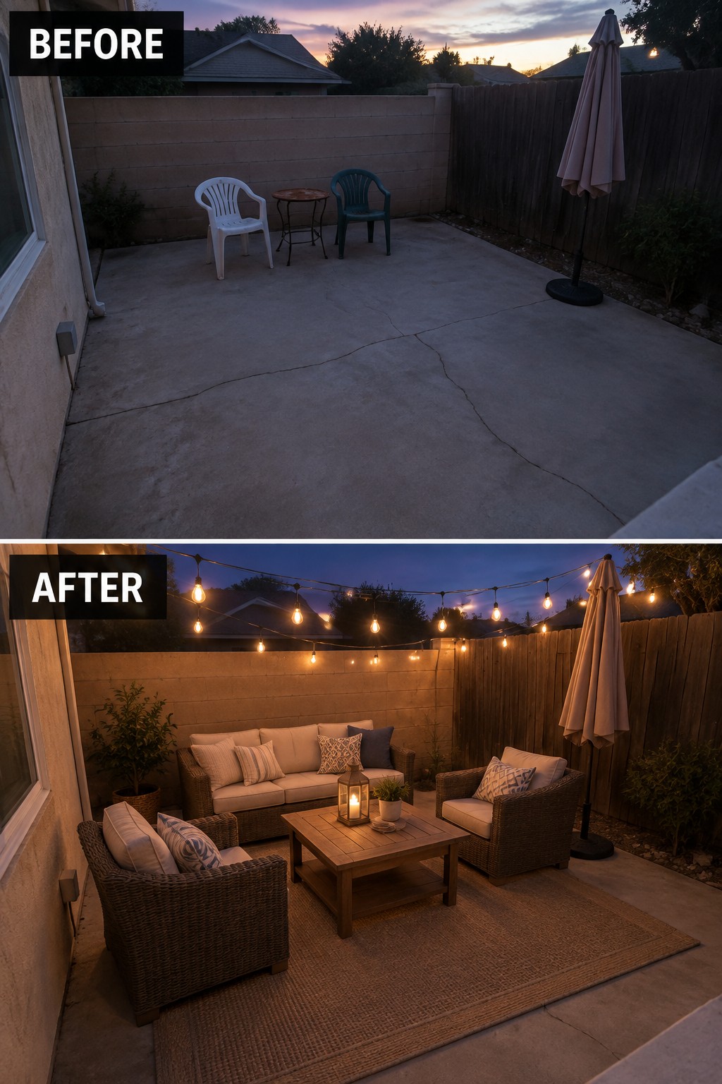 Before-and-after image of a concrete patio changed into a furnished outdoor seating area with string lights, a large rug, wicker furniture, and a coffee table.