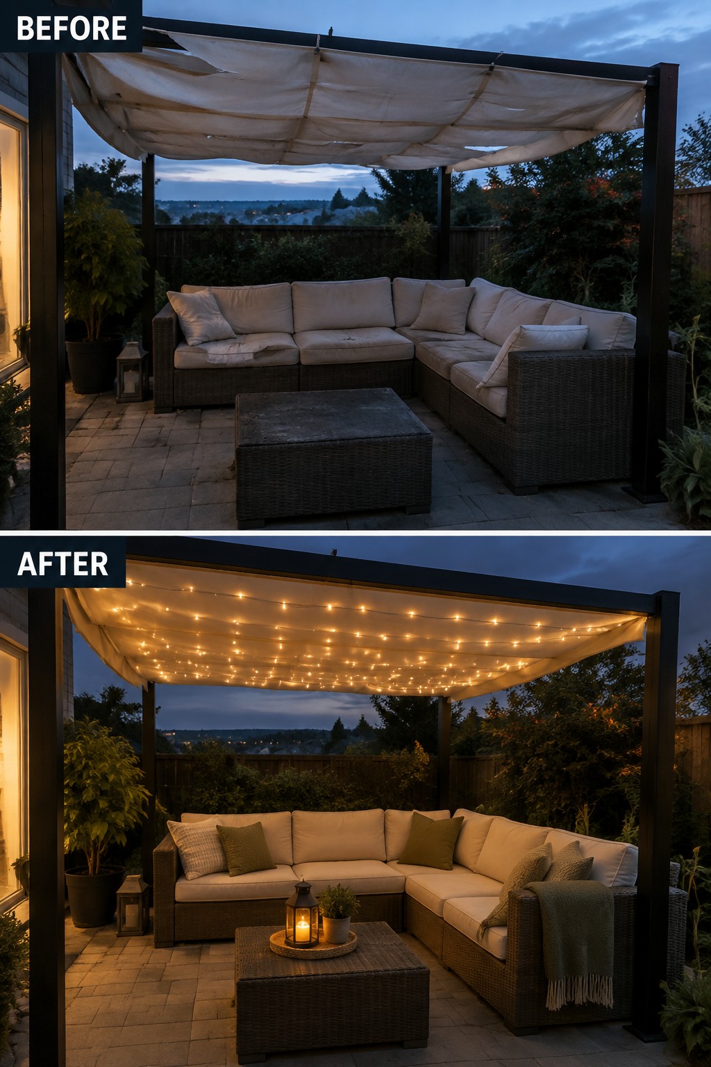 Before and after patio with string lights, pillows, and cozy evening decor.