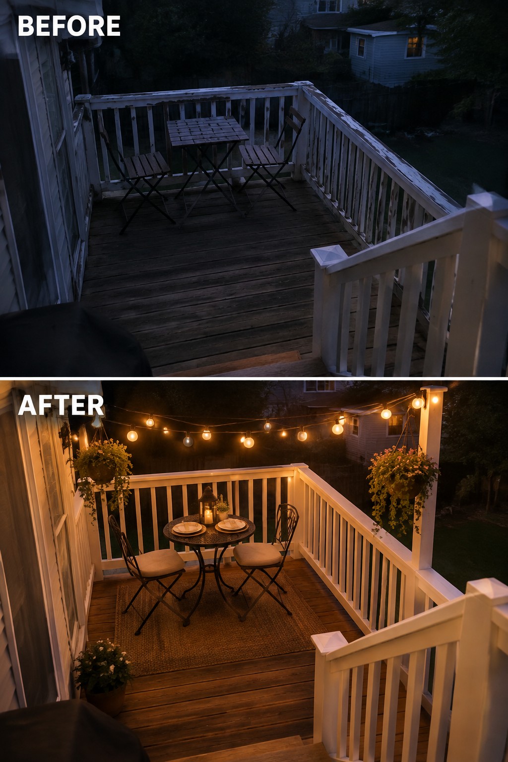 Before and after of dark deck transformed with string lights, rug and plants.