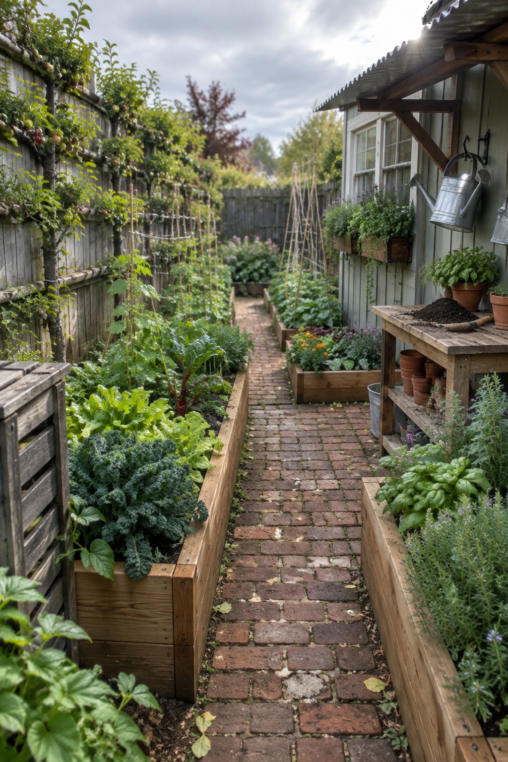 A narrow brick pathway runs between wooden raised garden beds filled with leafy vegetables and herbs, next to a wooden shed with potted plants and gardening tools on a shelf.